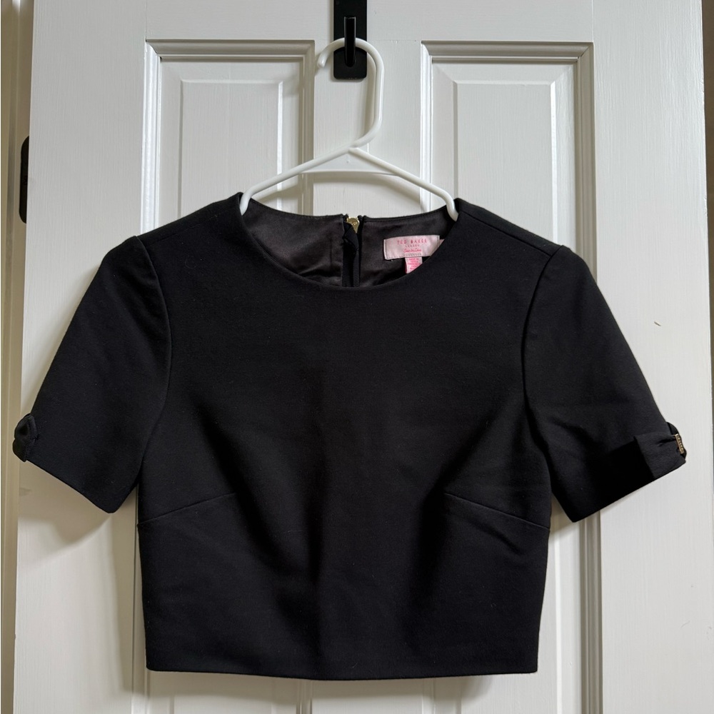 Ted Baker Black Short Sleeve Crop Top with bow detail on sleeves